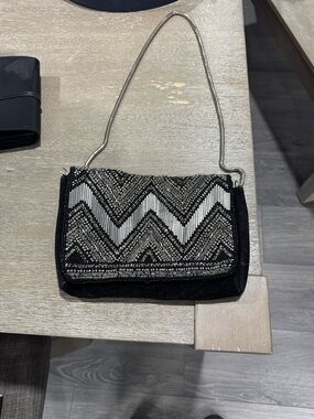 H&M Black and Silver Beaded Chevron Evening Clutch